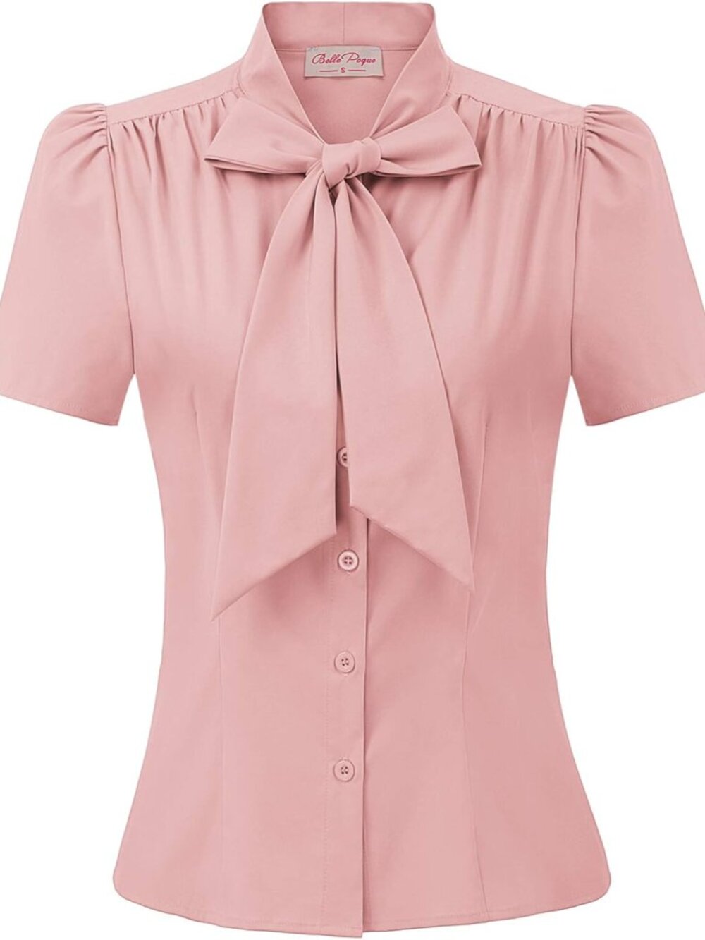 Women Dressy Casual Top Bow Tie Button Down Short Sleeve Blouse